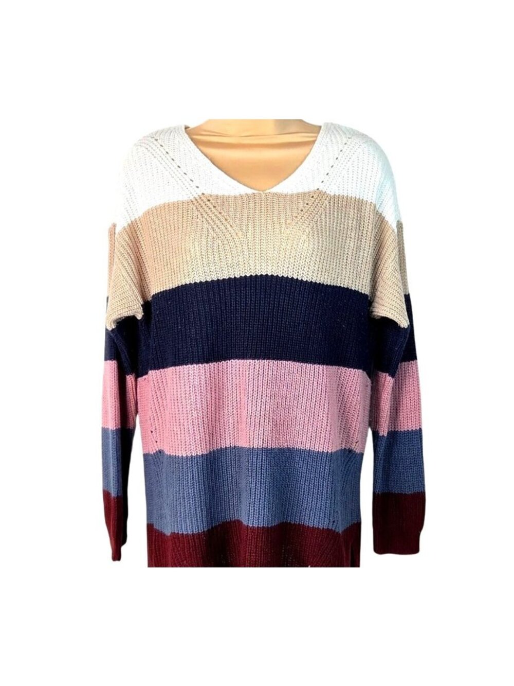 Full Circle Trends Wide Striped V-Neck Sweater Womens 1X Multicolor Pullover Cas